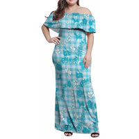 Polu Aloha Hawaii Family Matching Off Shoulder Maxi Dress and Hawaiian Shirt Plumeria Lei With Palaka Motif LT14 Mom's Dress Blue - Polynesian Pride