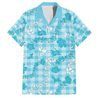 Polu Aloha Hawaii Family Matching Puletasi and Hawaiian Shirt Plumeria Lei With Palaka Motif LT14 Dad's Shirt - Short Sleeve Blue - Polynesian Pride