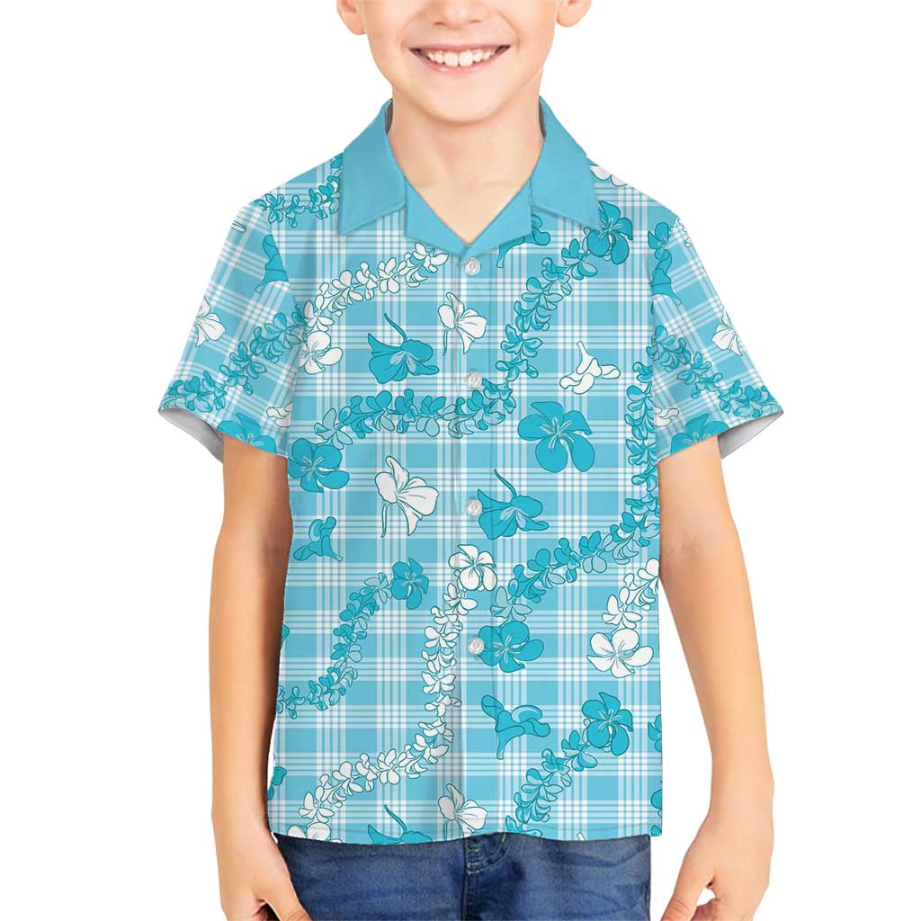 Polu Aloha Hawaii Family Matching Puletasi and Hawaiian Shirt Plumeria Lei With Palaka Motif LT14 Son's Shirt Blue - Polynesian Pride