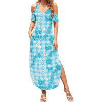 Polu Aloha Hawaii Family Matching Summer Maxi Dress and Hawaiian Shirt Plumeria Lei With Palaka Motif LT14 Mom's Dress Blue - Polynesian Pride