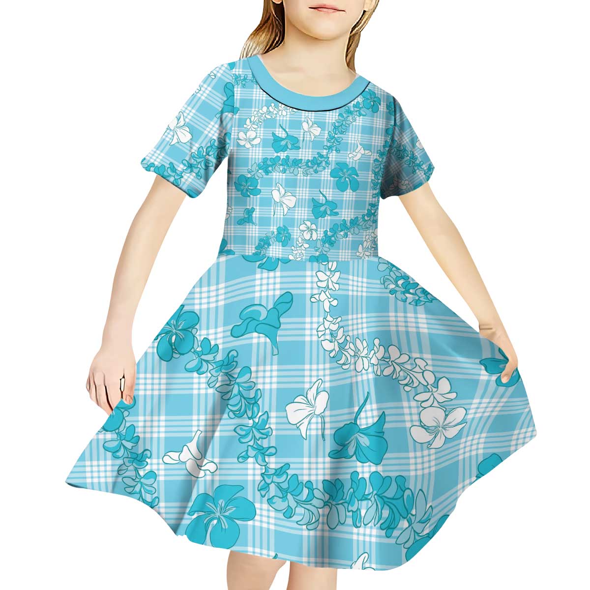 Polu Aloha Hawaii Kid Short Sleeve Dress Plumeria Lei With Palaka Motif LT14 - Polynesian Pride