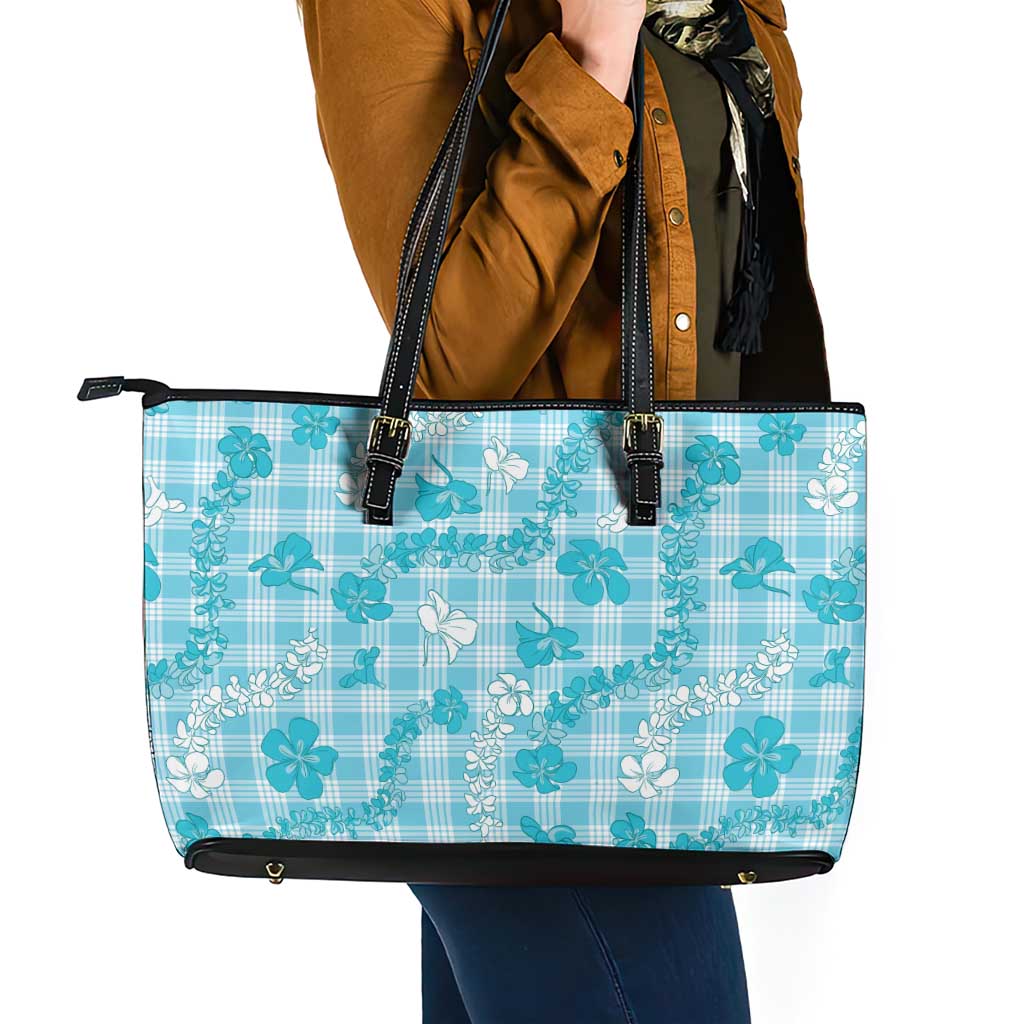 Polu Aloha Hawaii Leather Tote Bag Plumeria Lei With Palaka Motif - Polynesian Pride