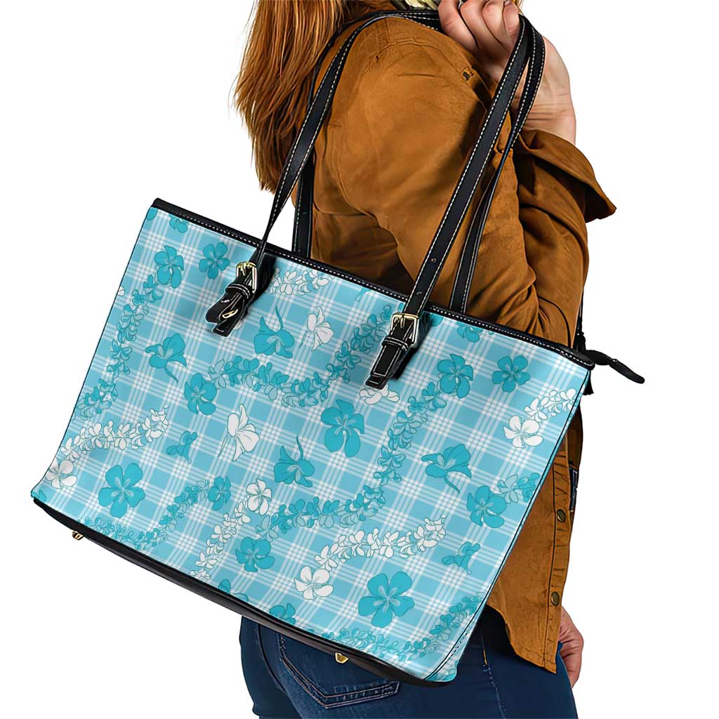 Polu Aloha Hawaii Leather Tote Bag Plumeria Lei With Palaka Motif - Polynesian Pride