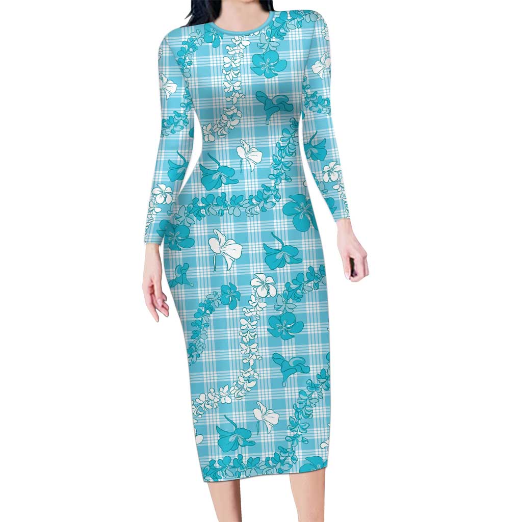Polu Aloha Hawaii Long Sleeve Bodycon Dress Plumeria Lei With Palaka Motif LT14 Long Dress Blue - Polynesian Pride
