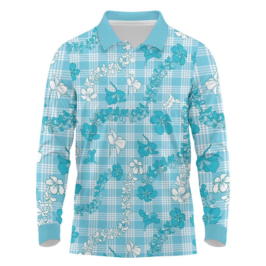 Polu Aloha Hawaii Long Sleeve Polo Shirt Plumeria Lei With Palaka Motif LT14 Blue - Polynesian Pride
