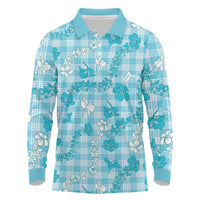 Polu Aloha Hawaii Long Sleeve Polo Shirt Plumeria Lei With Palaka Motif LT14 Blue - Polynesian Pride