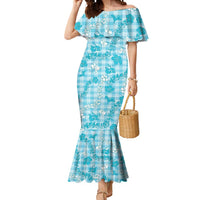 Polu Aloha Hawaii Mermaid Dress Plumeria Lei With Palaka Motif LT14 Women Blue - Polynesian Pride
