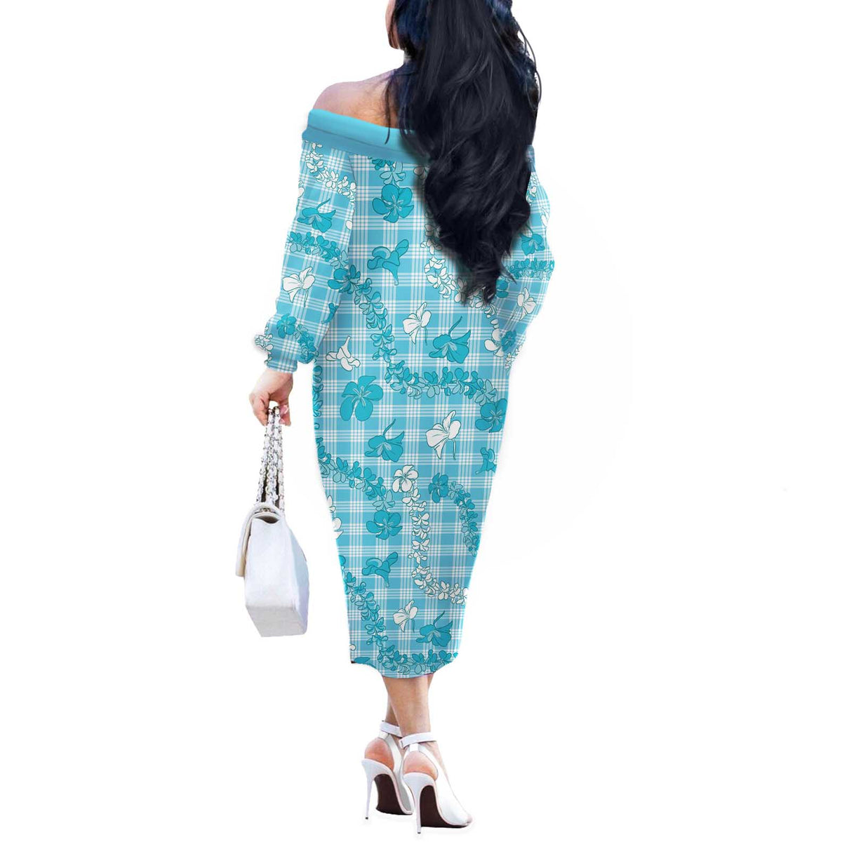 Polu Aloha Hawaii Off The Shoulder Long Sleeve Dress Plumeria Lei With Palaka Motif LT14 - Polynesian Pride