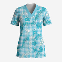 Polu Aloha Hawaii Scrub Top Plumeria Lei With Palaka Motif LT14 Adult Blue - Polynesian Pride