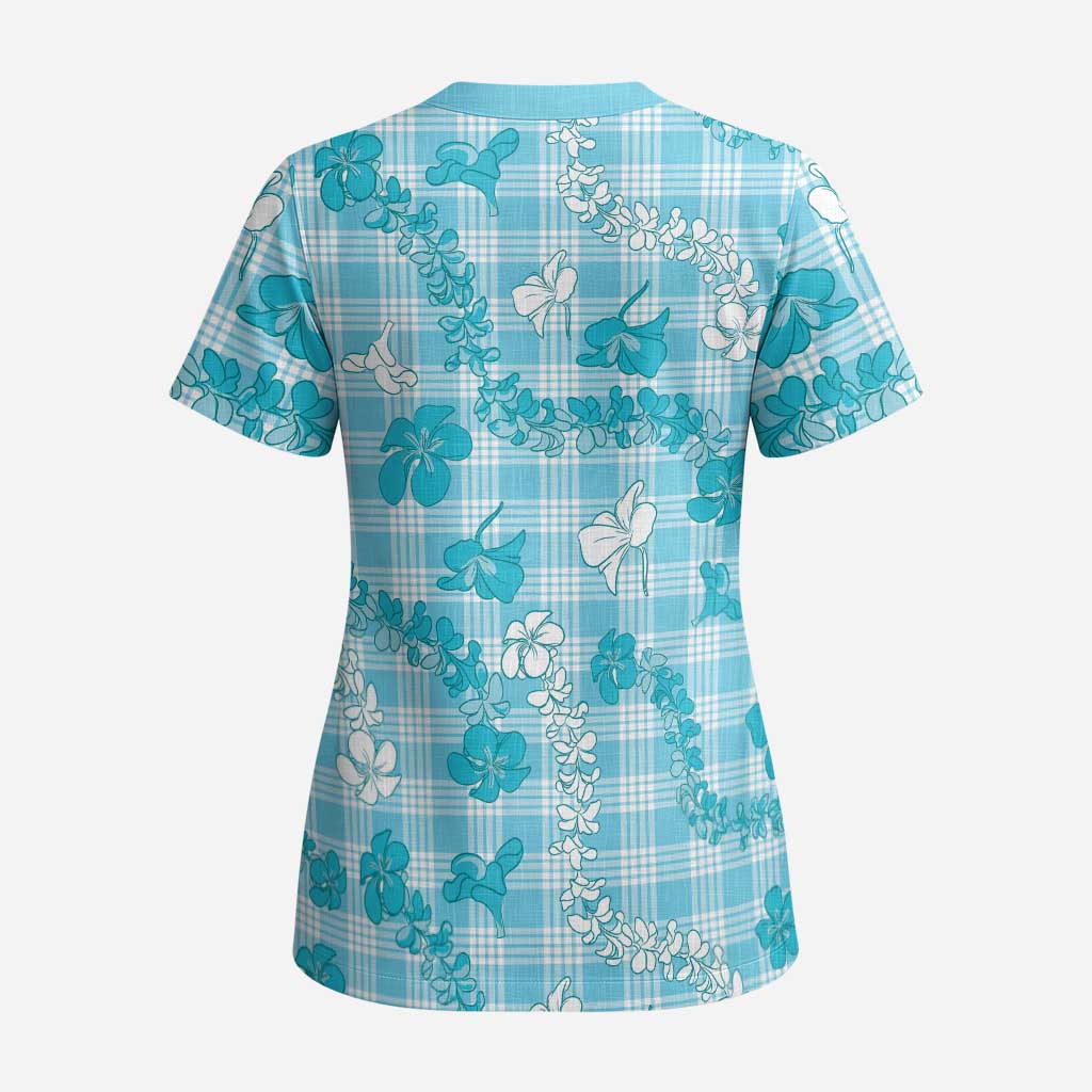 Polu Aloha Hawaii Scrub Top Plumeria Lei With Palaka Motif LT14 - Polynesian Pride