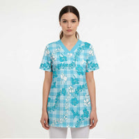 Polu Aloha Hawaii Scrub Top Plumeria Lei With Palaka Motif LT14 - Polynesian Pride