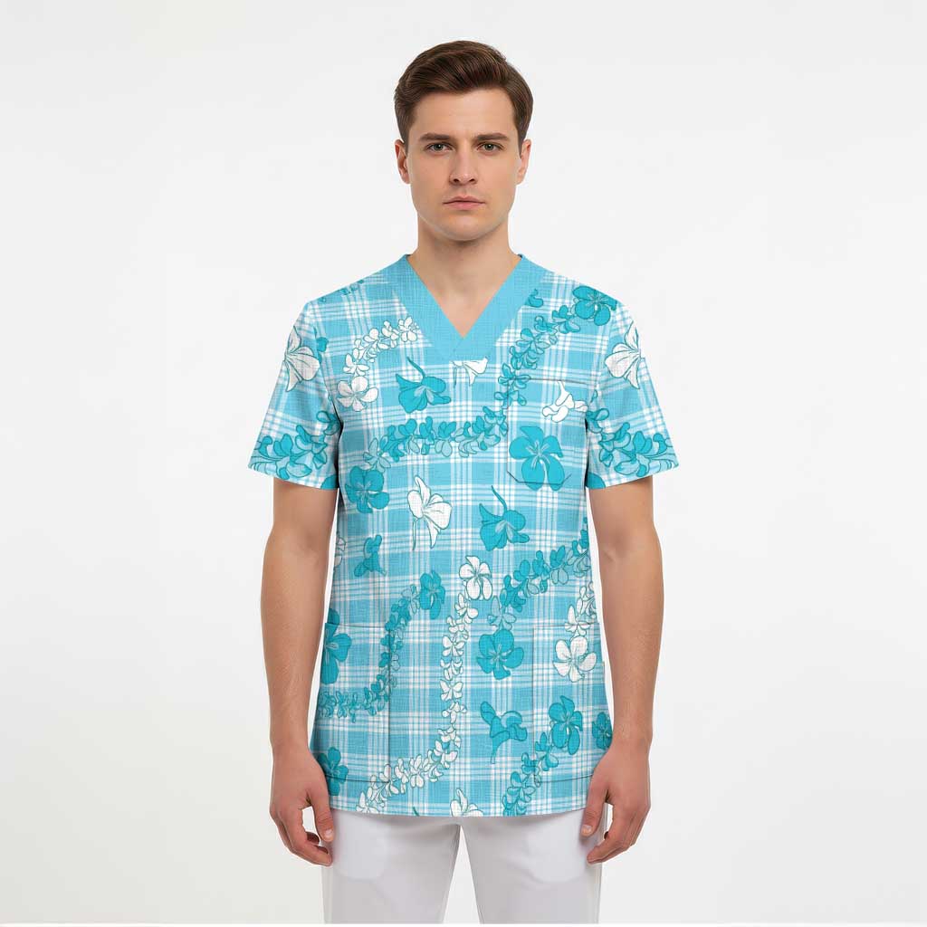 Polu Aloha Hawaii Scrub Top Plumeria Lei With Palaka Motif LT14 - Polynesian Pride