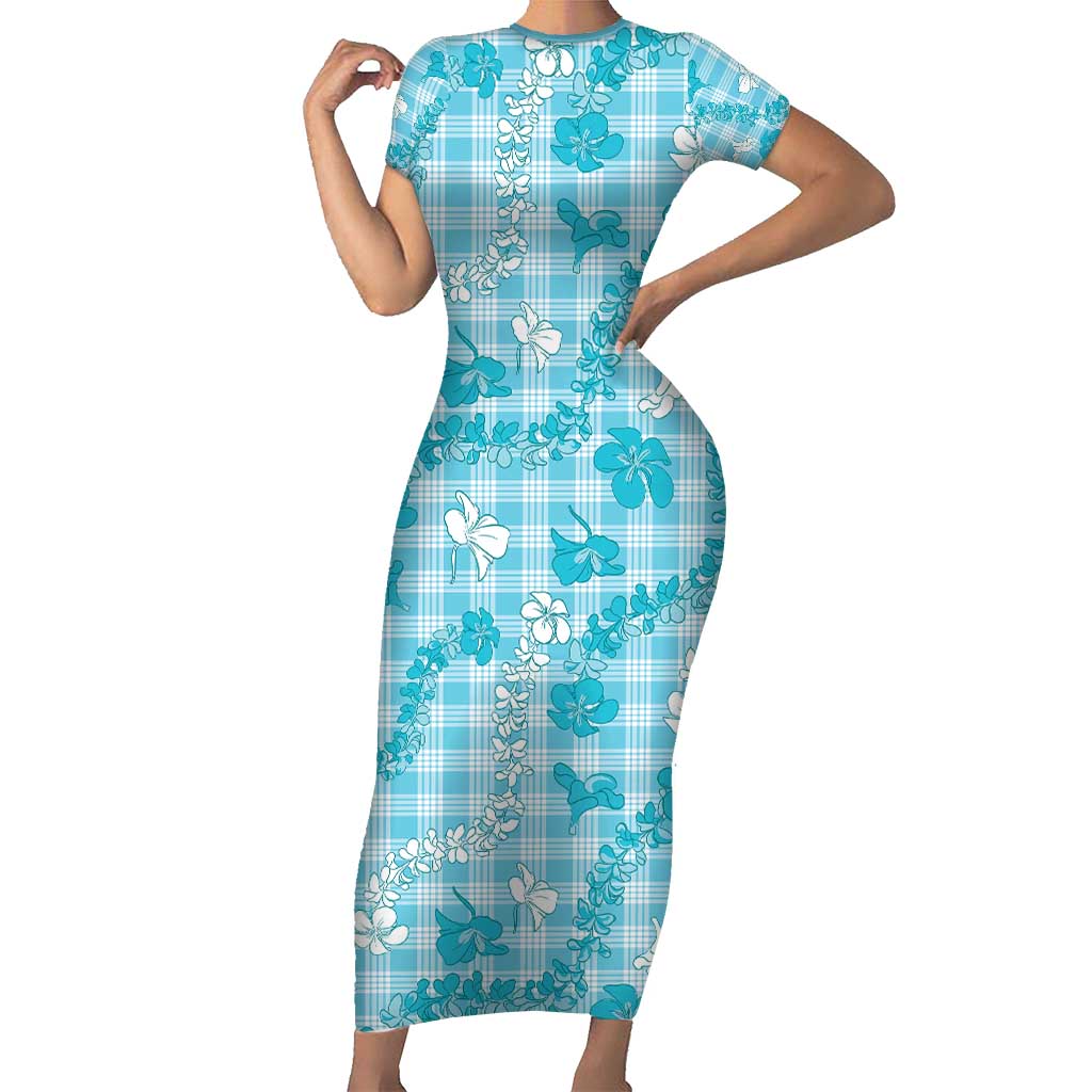 Polu Aloha Hawaii Short Sleeve Bodycon Dress Plumeria Lei With Palaka Motif LT14 Long Dress Blue - Polynesian Pride