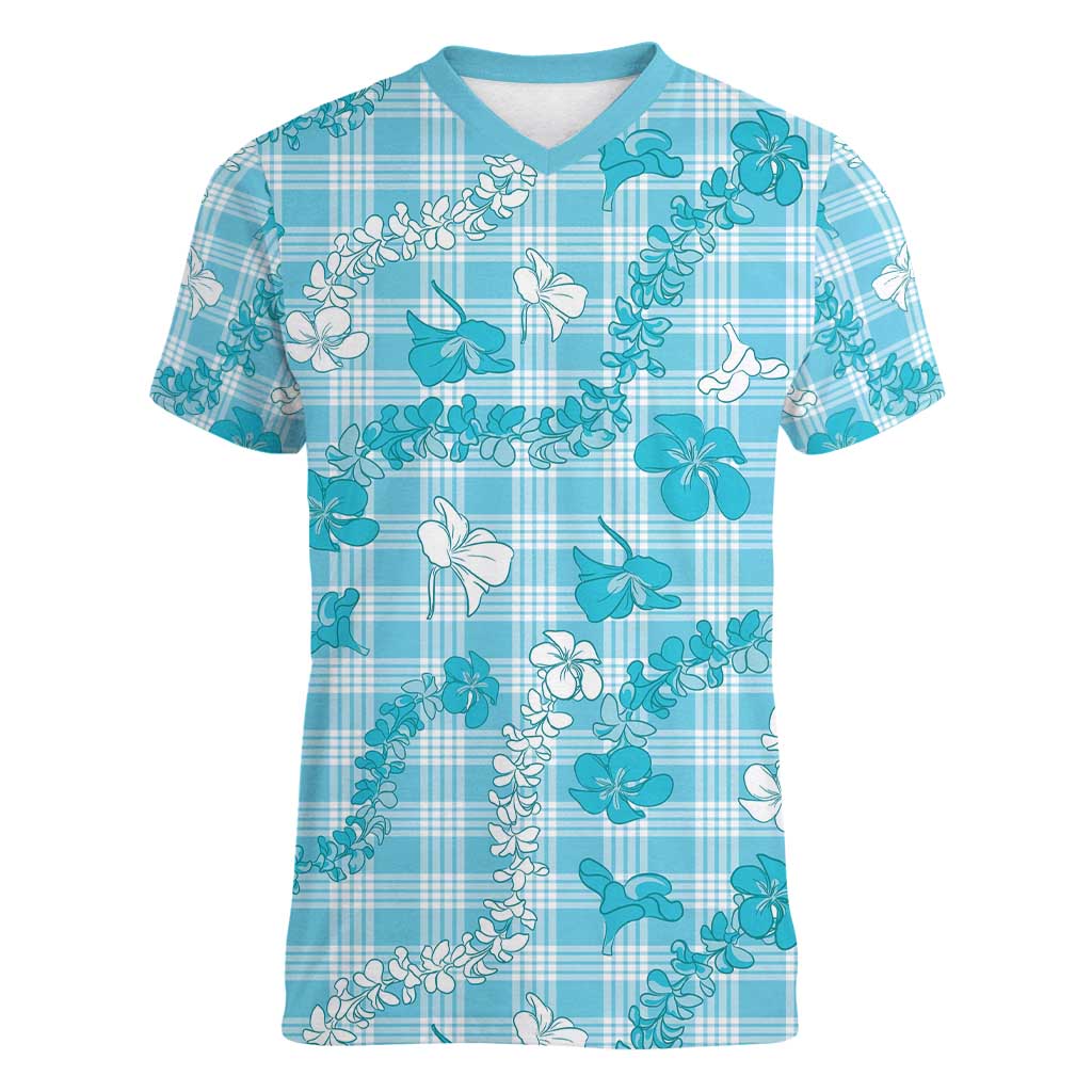 Polu Aloha Hawaii Women V-Neck T-Shirt Plumeria Lei With Palaka Motif LT14 Female Blue - Polynesian Pride