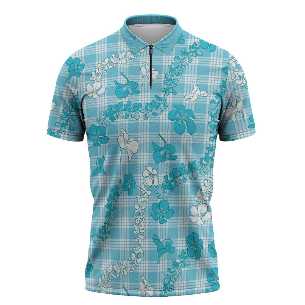 Polu Aloha Hawaii Zipper Polo Shirt Plumeria Lei With Palaka Motif LT14 Blue - Polynesian Pride
