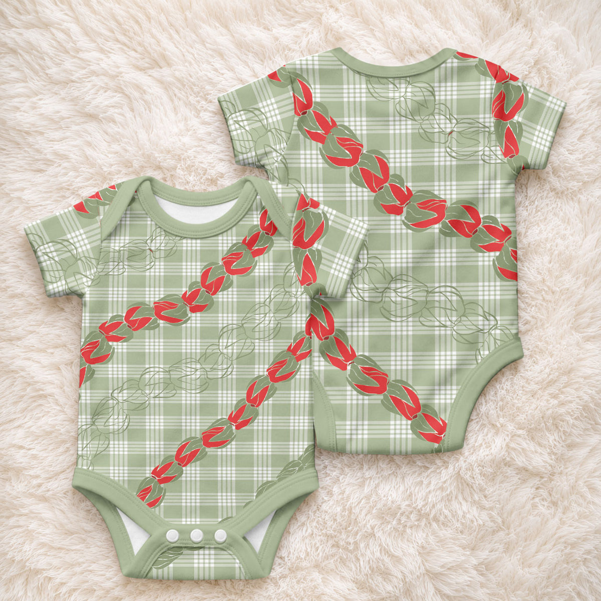 Omaomao Aloha Hawaii Baby Onesie Rosebud Lei With Palaka Motif