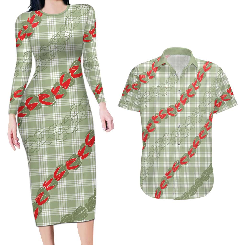 Omaomao Aloha Hawaii Couples Matching Long Sleeve Bodycon Dress and Hawaiian Shirt Rosebud Lei With Palaka Motif LT14 Green - Polynesian Pride