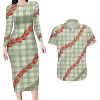 Omaomao Aloha Hawaii Couples Matching Long Sleeve Bodycon Dress and Hawaiian Shirt Rosebud Lei With Palaka Motif LT14 Green - Polynesian Pride