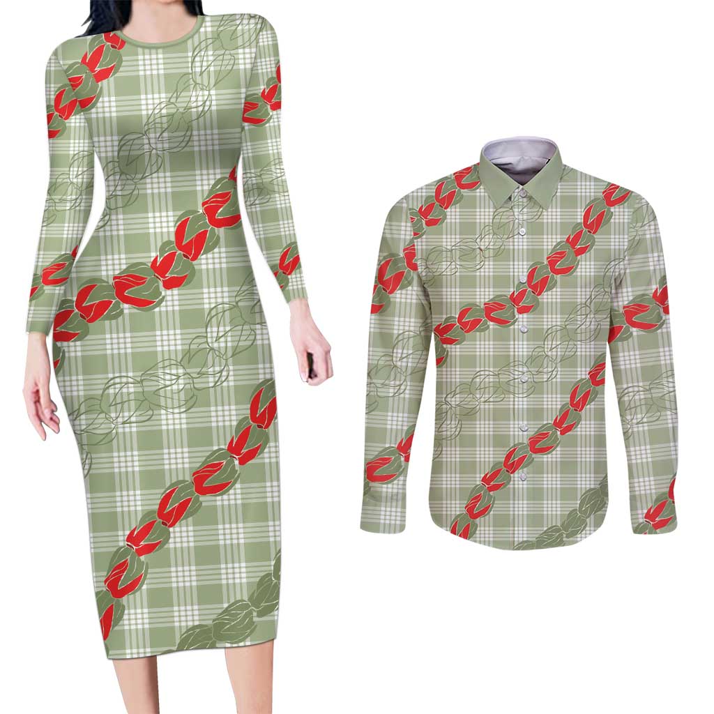 Omaomao Aloha Hawaii Couples Matching Long Sleeve Bodycon Dress and Long Sleeve Button Shirt Rosebud Lei With Palaka Motif LT14 Green - Polynesian Pride