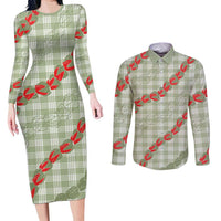 Omaomao Aloha Hawaii Couples Matching Long Sleeve Bodycon Dress and Long Sleeve Button Shirt Rosebud Lei With Palaka Motif LT14 Green - Polynesian Pride