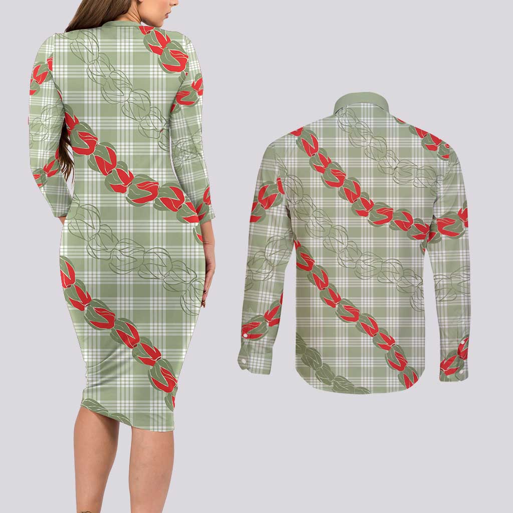 Omaomao Aloha Hawaii Couples Matching Long Sleeve Bodycon Dress and Long Sleeve Button Shirt Rosebud Lei With Palaka Motif LT14 - Polynesian Pride