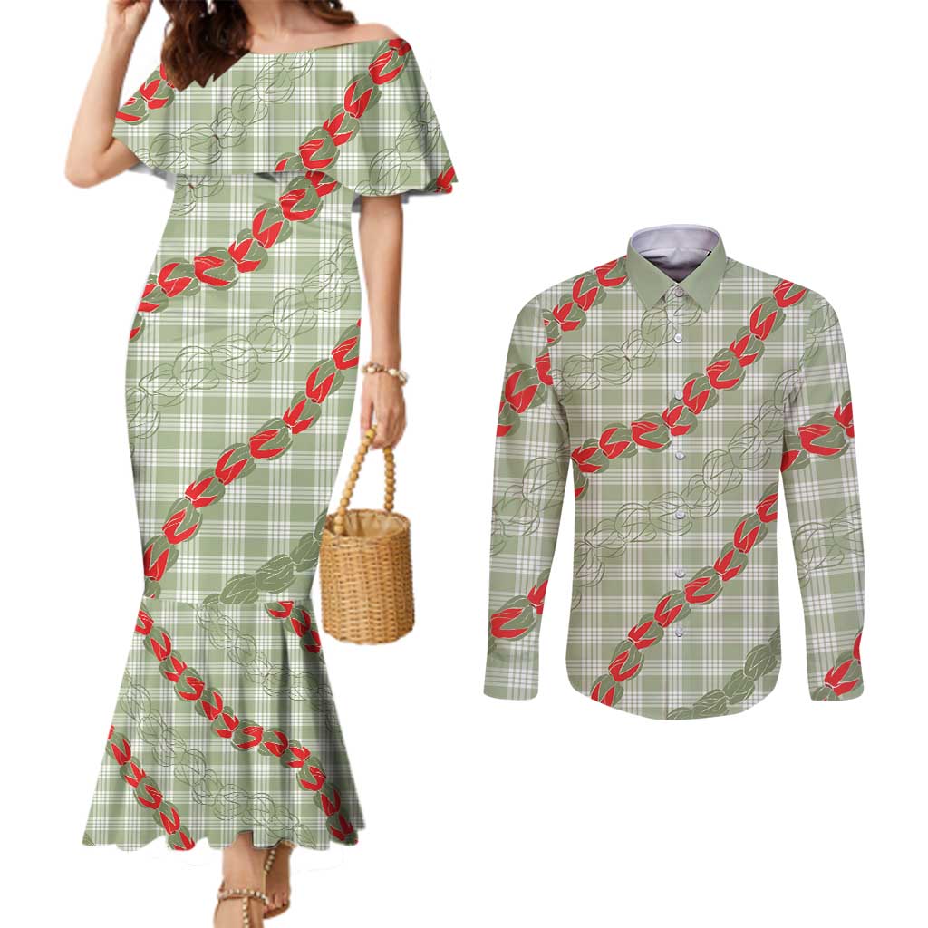 Omaomao Aloha Hawaii Couples Matching Mermaid Dress and Long Sleeve Button Shirt Rosebud Lei With Palaka Motif LT14 Green - Polynesian Pride