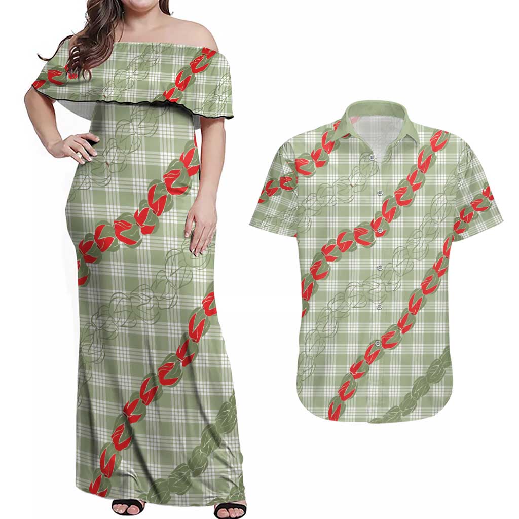 Omaomao Aloha Hawaii Couples Matching Off Shoulder Maxi Dress and Hawaiian Shirt Rosebud Lei With Palaka Motif LT14 Green - Polynesian Pride