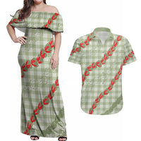 Omaomao Aloha Hawaii Couples Matching Off Shoulder Maxi Dress and Hawaiian Shirt Rosebud Lei With Palaka Motif LT14 Green - Polynesian Pride