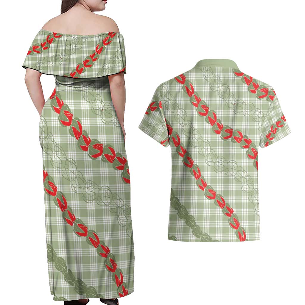 Omaomao Aloha Hawaii Couples Matching Off Shoulder Maxi Dress and Hawaiian Shirt Rosebud Lei With Palaka Motif LT14 - Polynesian Pride