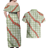 Omaomao Aloha Hawaii Couples Matching Off Shoulder Maxi Dress and Hawaiian Shirt Rosebud Lei With Palaka Motif LT14 - Polynesian Pride