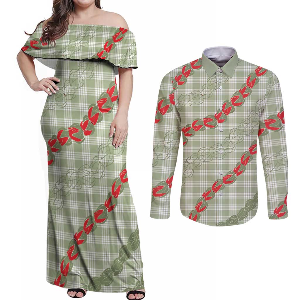 Omaomao Aloha Hawaii Couples Matching Off Shoulder Maxi Dress and Long Sleeve Button Shirt Rosebud Lei With Palaka Motif LT14 Green - Polynesian Pride