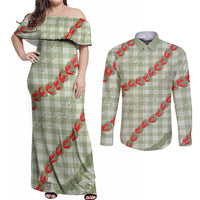 Omaomao Aloha Hawaii Couples Matching Off Shoulder Maxi Dress and Long Sleeve Button Shirt Rosebud Lei With Palaka Motif LT14 Green - Polynesian Pride