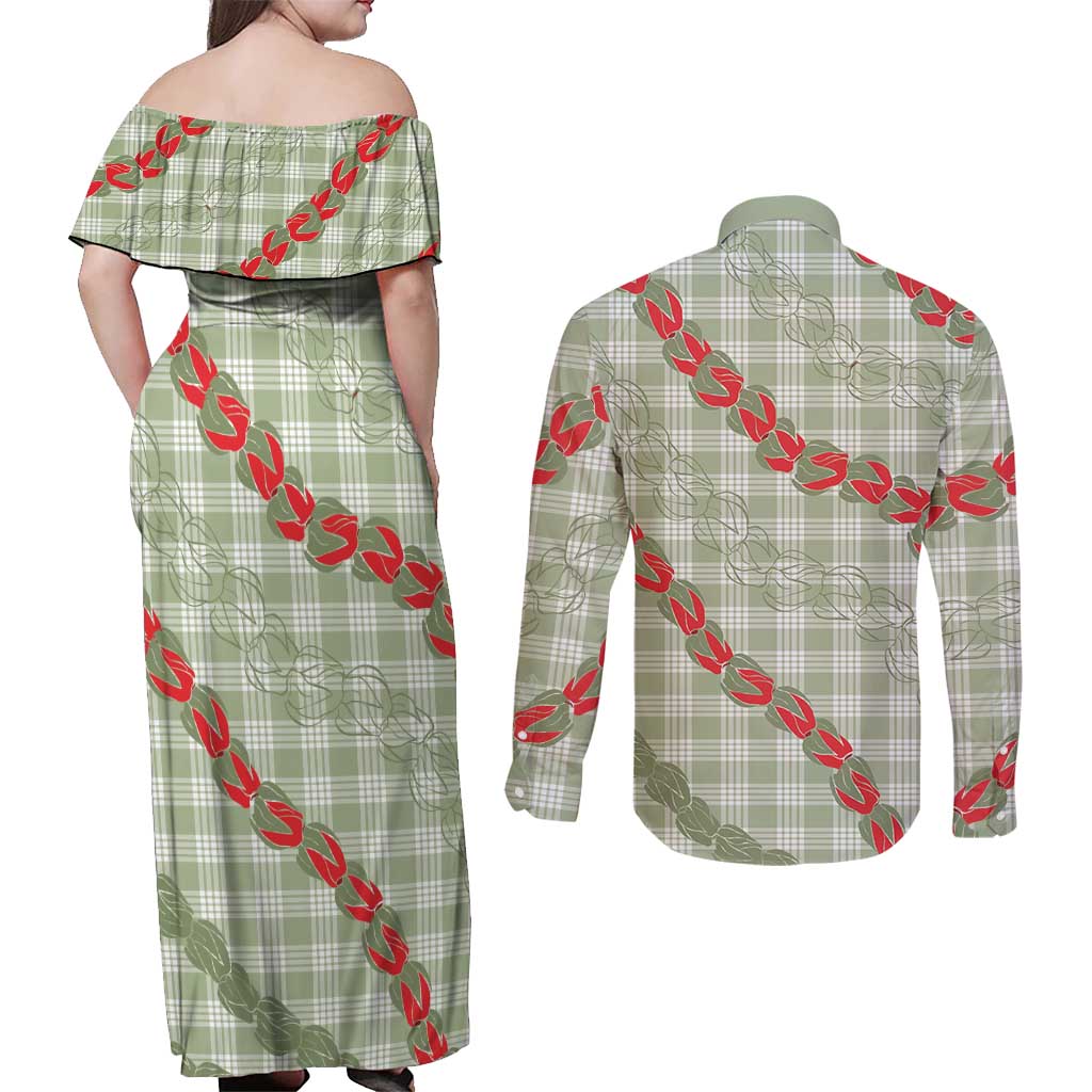 Omaomao Aloha Hawaii Couples Matching Off Shoulder Maxi Dress and Long Sleeve Button Shirt Rosebud Lei With Palaka Motif LT14 - Polynesian Pride