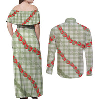 Omaomao Aloha Hawaii Couples Matching Off Shoulder Maxi Dress and Long Sleeve Button Shirt Rosebud Lei With Palaka Motif LT14 - Polynesian Pride