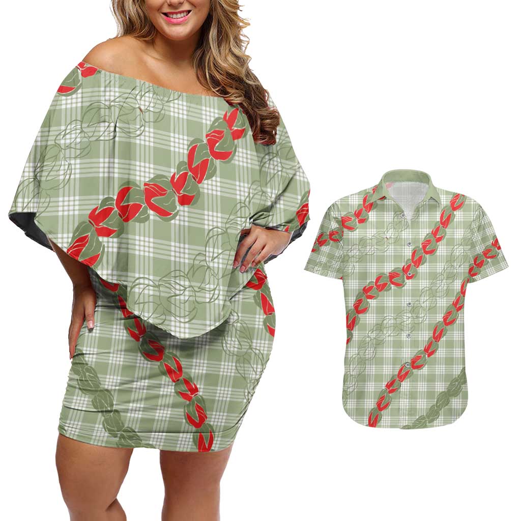 Omaomao Aloha Hawaii Couples Matching Off Shoulder Short Dress and Hawaiian Shirt Rosebud Lei With Palaka Motif LT14 Green - Polynesian Pride