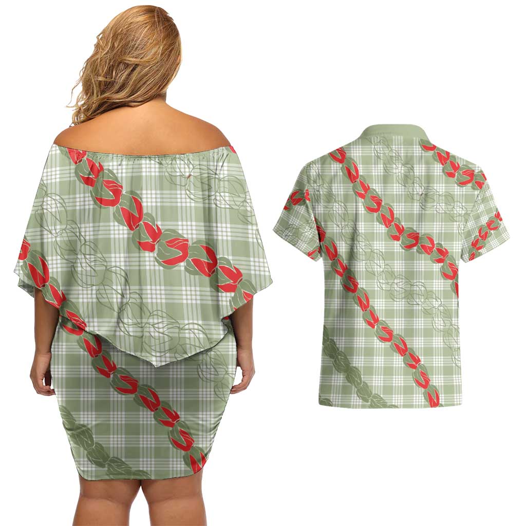 Omaomao Aloha Hawaii Couples Matching Off Shoulder Short Dress and Hawaiian Shirt Rosebud Lei With Palaka Motif LT14 - Polynesian Pride