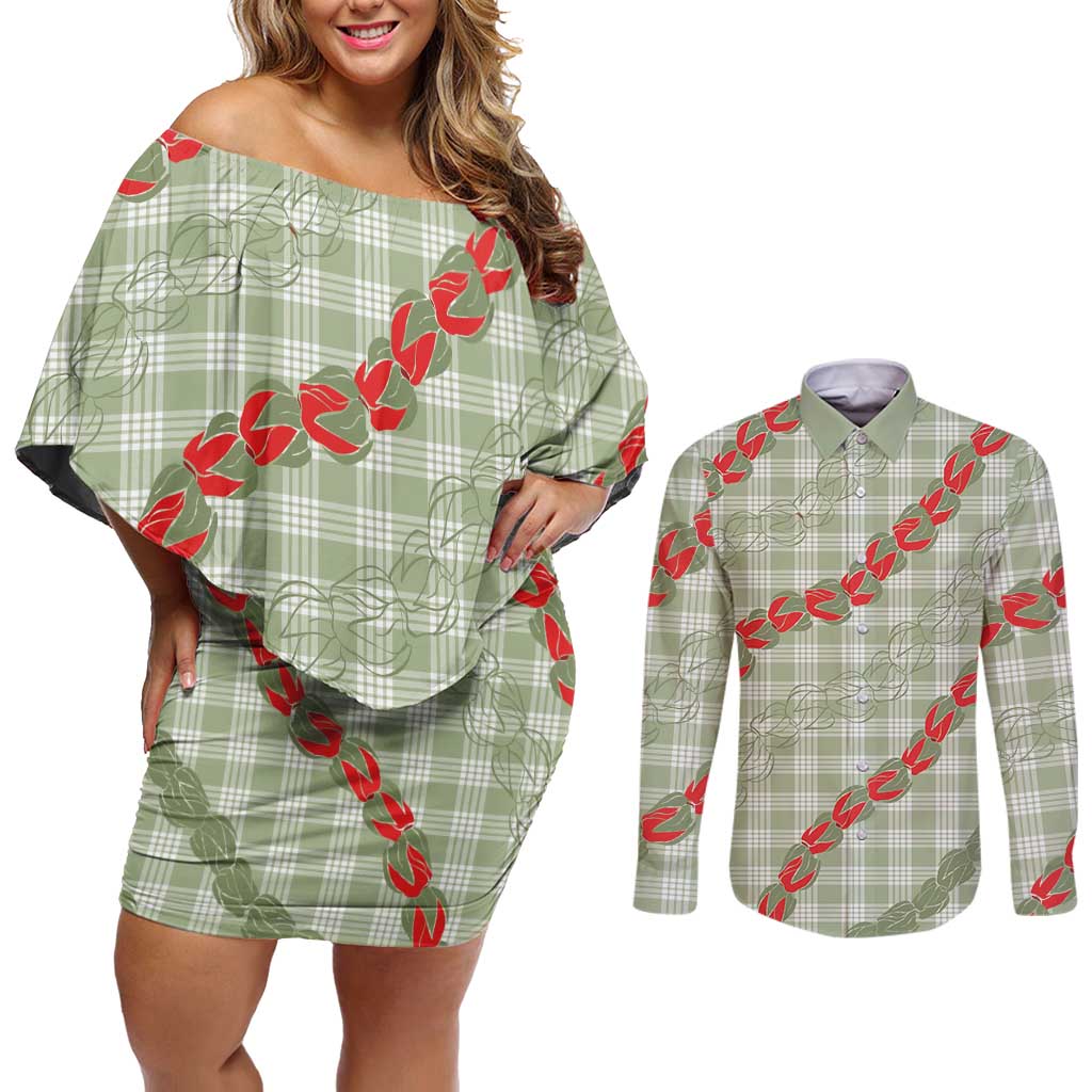 Omaomao Aloha Hawaii Couples Matching Off Shoulder Short Dress and Long Sleeve Button Shirt Rosebud Lei With Palaka Motif LT14 Green - Polynesian Pride