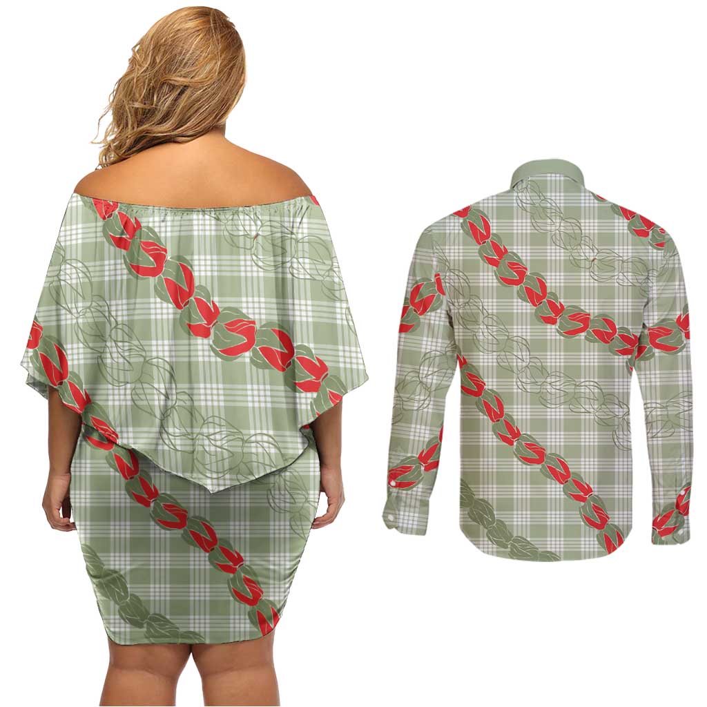Omaomao Aloha Hawaii Couples Matching Off Shoulder Short Dress and Long Sleeve Button Shirt Rosebud Lei With Palaka Motif LT14 - Polynesian Pride
