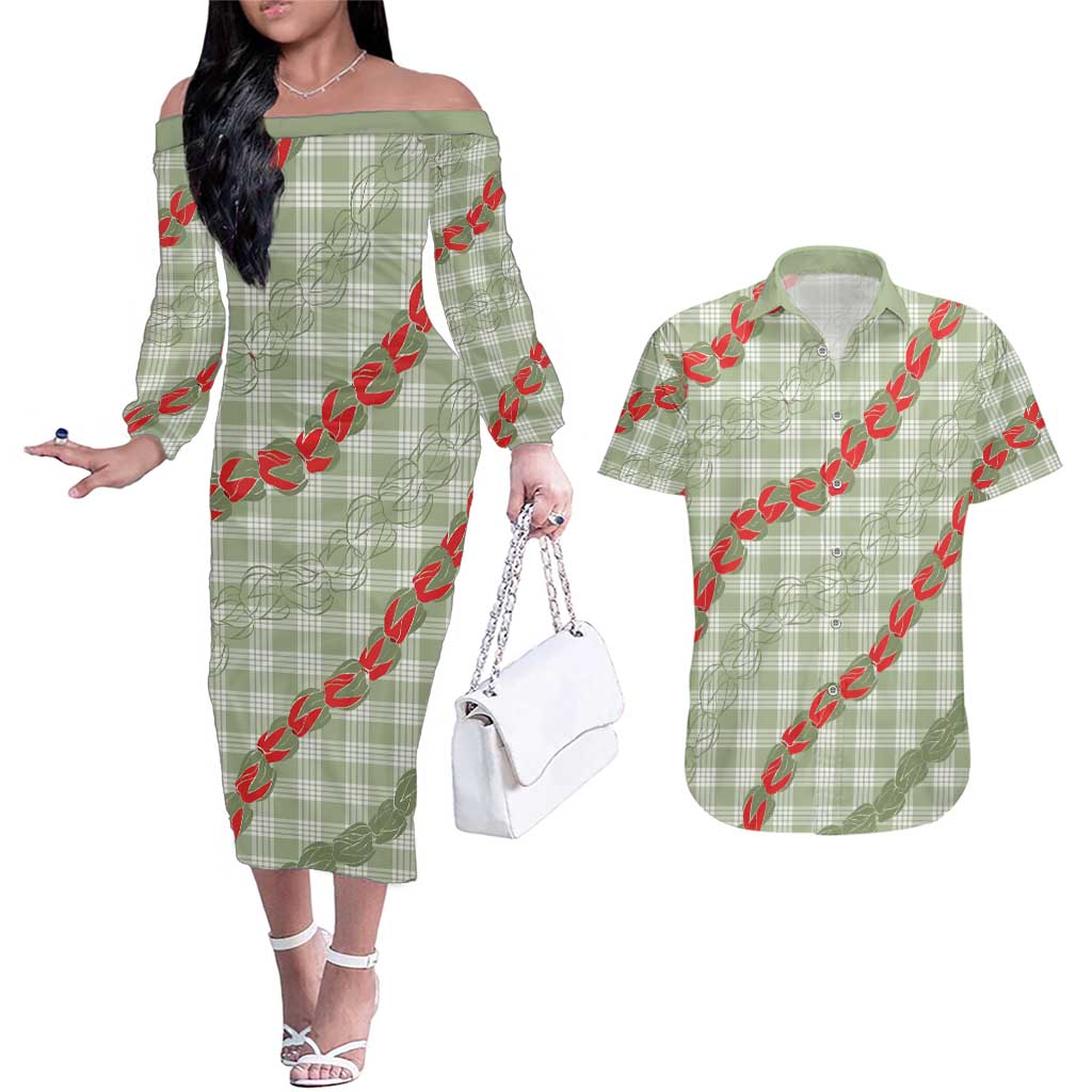Omaomao Aloha Hawaii Couples Matching Off The Shoulder Long Sleeve Dress and Hawaiian Shirt Rosebud Lei With Palaka Motif LT14 Green - Polynesian Pride