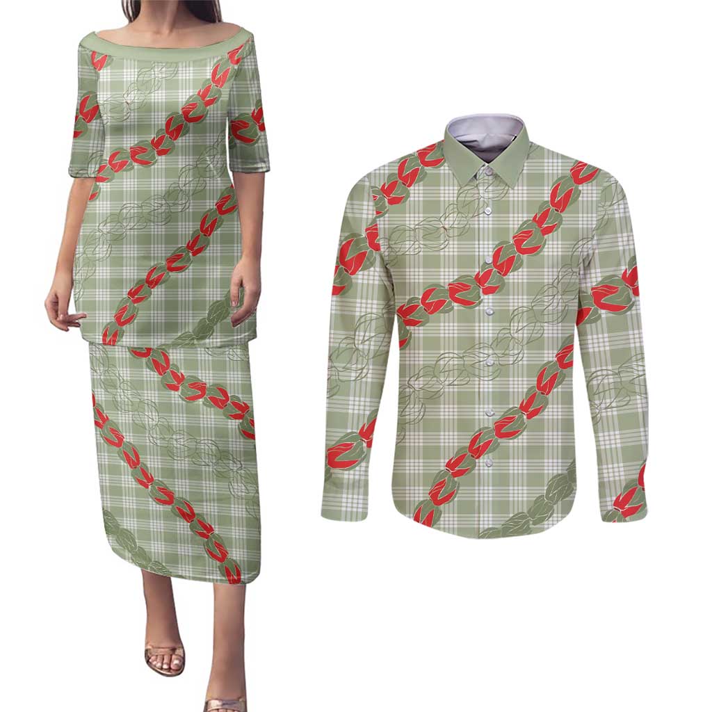 Omaomao Aloha Hawaii Couples Matching Puletasi and Long Sleeve Button Shirt Rosebud Lei With Palaka Motif LT14 Green - Polynesian Pride