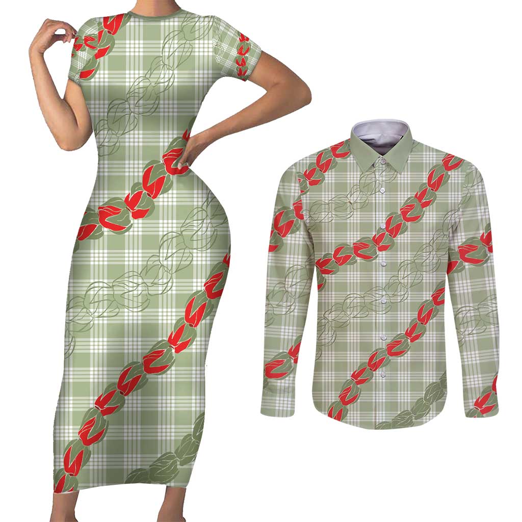 Omaomao Aloha Hawaii Couples Matching Short Sleeve Bodycon Dress and Long Sleeve Button Shirt Rosebud Lei With Palaka Motif LT14 Green - Polynesian Pride