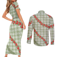 Omaomao Aloha Hawaii Couples Matching Short Sleeve Bodycon Dress and Long Sleeve Button Shirt Rosebud Lei With Palaka Motif LT14 - Polynesian Pride