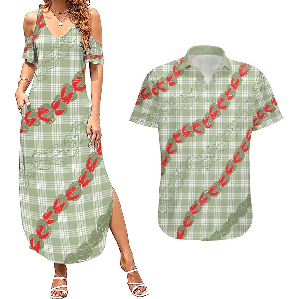 Omaomao Aloha Hawaii Couples Matching Summer Maxi Dress and Hawaiian Shirt Rosebud Lei With Palaka Motif LT14 Green - Polynesian Pride