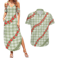 Omaomao Aloha Hawaii Couples Matching Summer Maxi Dress and Hawaiian Shirt Rosebud Lei With Palaka Motif LT14 Green - Polynesian Pride