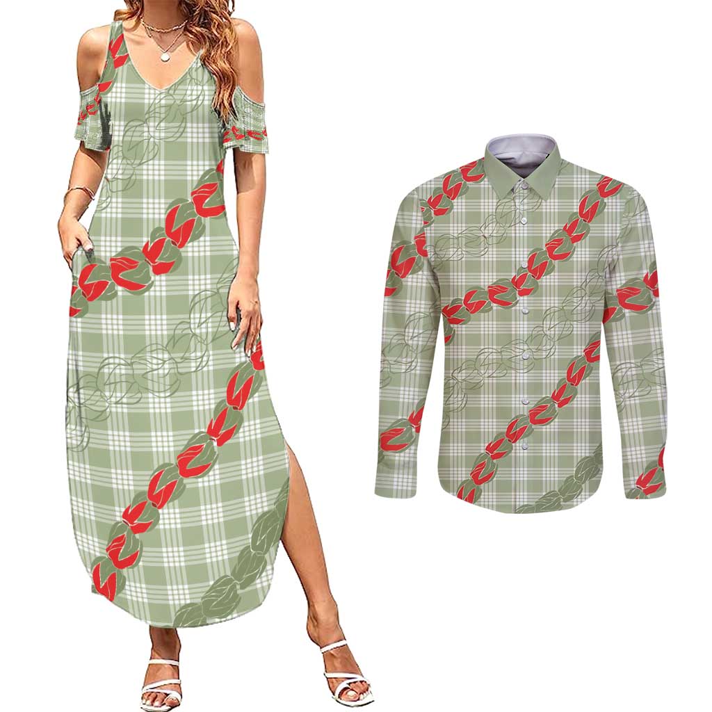 Omaomao Aloha Hawaii Couples Matching Summer Maxi Dress and Long Sleeve Button Shirt Rosebud Lei With Palaka Motif LT14 Green - Polynesian Pride