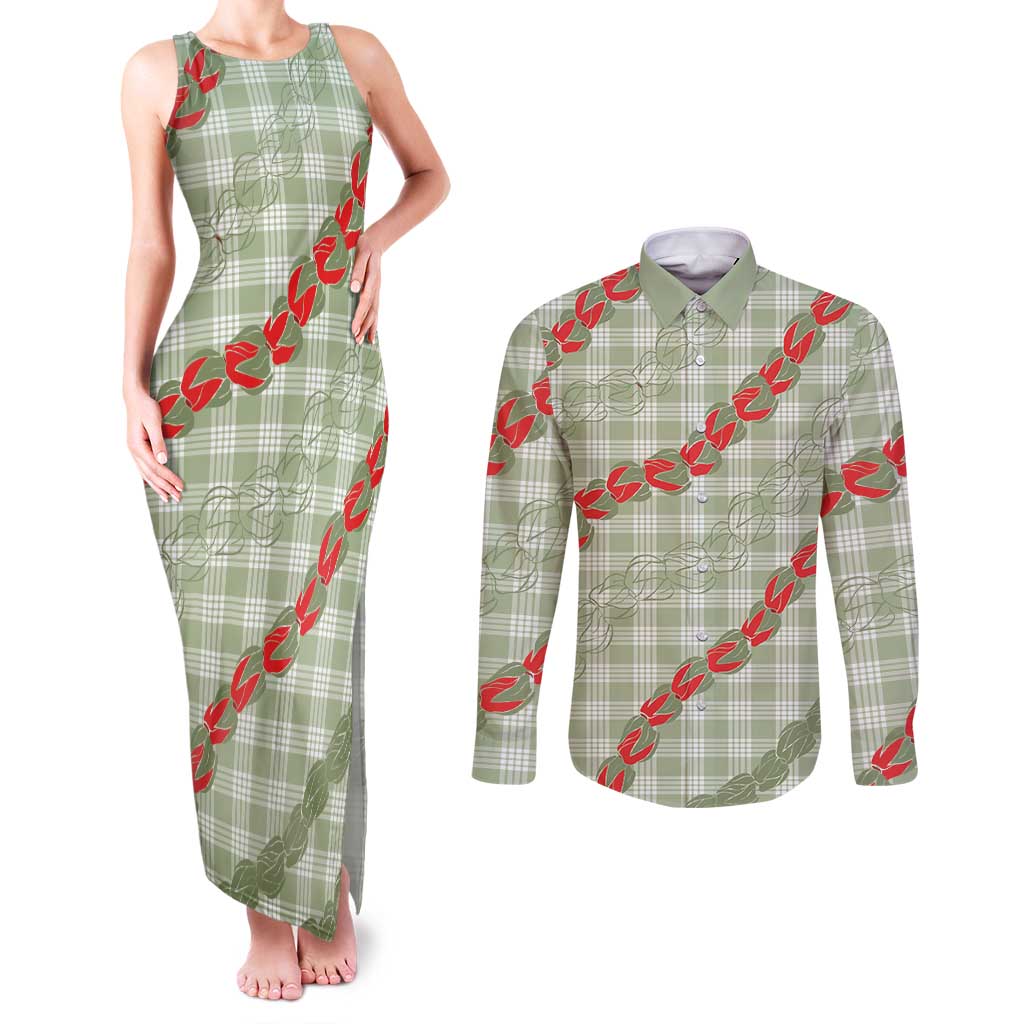 Omaomao Aloha Hawaii Couples Matching Tank Maxi Dress and Long Sleeve Button Shirt Rosebud Lei With Palaka Motif LT14 Green - Polynesian Pride
