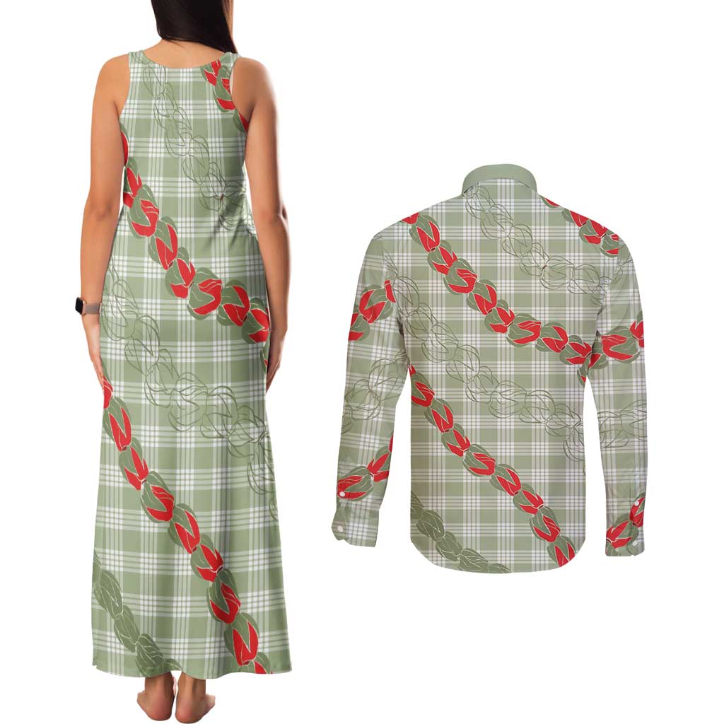 Omaomao Aloha Hawaii Couples Matching Tank Maxi Dress and Long Sleeve Button Shirt Rosebud Lei With Palaka Motif LT14 - Polynesian Pride