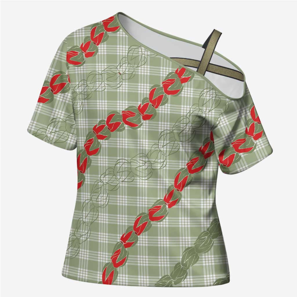 Omaomao Aloha Hawaii Cross Shoulder Shirt Rosebud Lei With Palaka Motif LT14 Female Green - Polynesian Pride