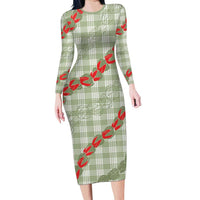Omaomao Aloha Hawaii Family Matching Long Sleeve Bodycon Dress and Hawaiian Shirt Rosebud Lei With Palaka Motif LT14 Mom's Dress Green - Polynesian Pride
