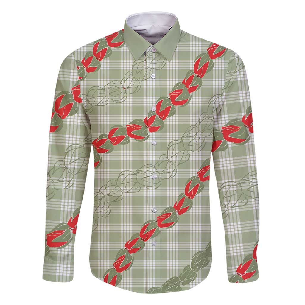 Omaomao Aloha Hawaii Family Matching Mermaid Dress and Hawaiian Shirt Rosebud Lei With Palaka Motif LT14 Dad's Shirt - Long Sleeve Green - Polynesian Pride